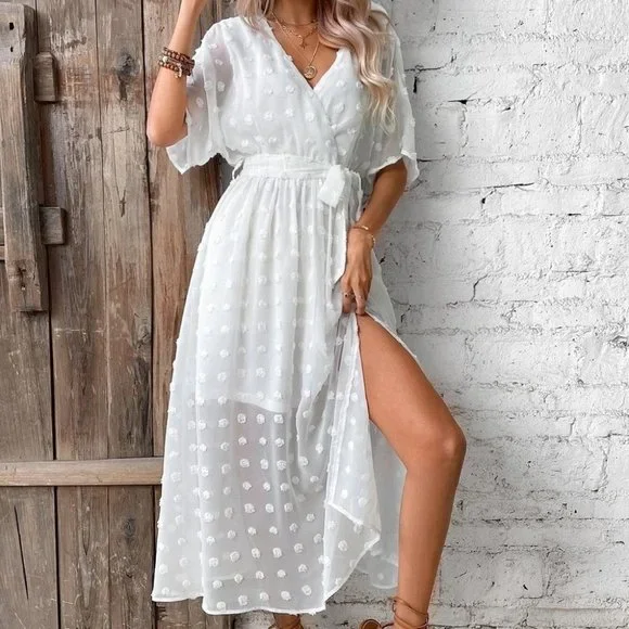 Boho Swiss Dot Wrap Detail Dolman Sleeve Belted Dress white - Picture 2 of 5